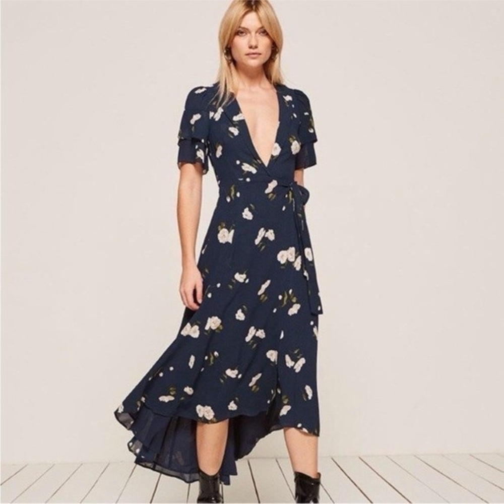 Reformation Navy Floral Wrap Midi Dress